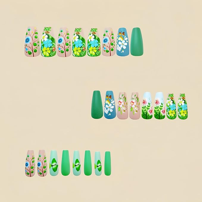 Flower Press on Nails Medium Coffin Fake Nails Spring Floral False Nails Green Glue on Nails Artificial Acrylic Nails Green Coffin Reusable Flower Nails for Women Girls
