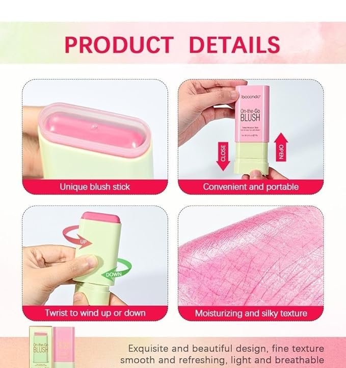 On-the-Go Makeup Blush Stick Tinted Moisture Stick, Shadow Lips Cheek Blusher Creamy Makeup Long Lasting Natural Nude Makeup for All Skin (pink)-VivaGrace Women