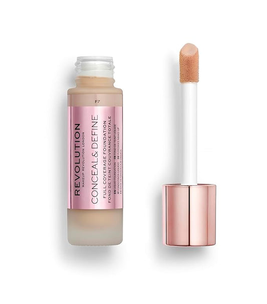 Revolution Beauty, Conceal & Define Foundation, Full Coverage, Long-Lasting Matte Finish, Vegan & Cruelty Free, F7 Medium Skin Tones, 0.8 Fl.Oz.-VivaGrace Women