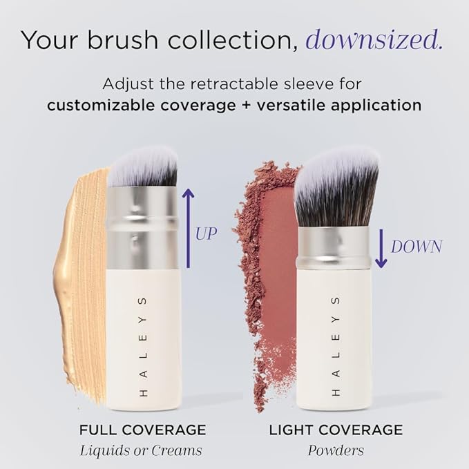 HALEYS Retractable Face Brush, VEGAN Dense, Angled Bristles & Adjustable Sleeve, Portable Makeup Brush for Quick, Easy Streak-Free Blending of Liquids, Creams, Powders, Travel-friendly Mess-Free Cap-VivaGrace Women