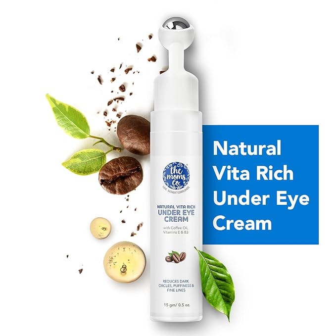 The Moms Co. Natural Vita Rich Under Eye Cream for Dark Circles and Puffiness for Women, Suitable for Delicate Skin Under Eye Area, Soothing Massage Roller with Coffee Oil, Vitamins E & B3, 15 gm-VivaGrace Women