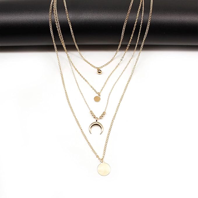 Bohemia Layered Coin Choker Necklace Moon Crescent Pendant Necklace Chain Gold Tiny Ball Necklace Multi Layer Disc Necklace Chain Jewelry for Women and Girls-VivaGrace Women