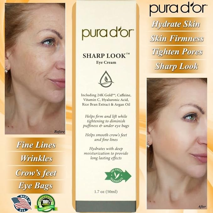 PURA D'OR Sharp Look Eye Cream (1.7oz) Youth-Enhancing Eye Cream For Firm Lift and Reduced Appearance of Wrinkles and Fine Lines, Puffiness and Under Eye Bags With 24K Gold-VivaGrace Women