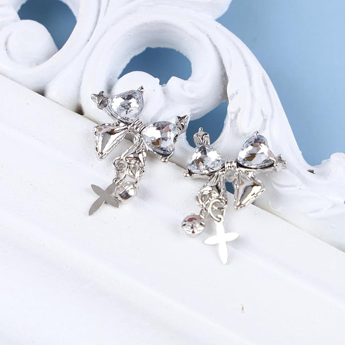 Vintage Crystal Bow Earrings Black Onyx Stud Earrings Silver Tiny Cross Drop Earrings Sparkly Cz Rhinestone Bow Earrings Jewelry for Women-VivaGrace Women