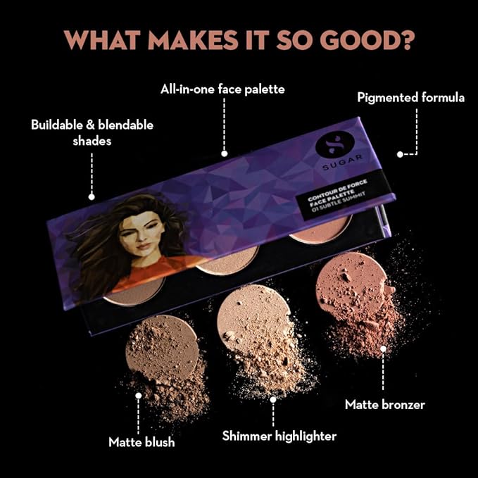 SUGAR Cosmetics Contour De Force Face Palette - 02 Vivid Victory Longlasting Formula, Lightweight Blush, Highlighter And Bronzer, Paraben Free.-VivaGrace Women