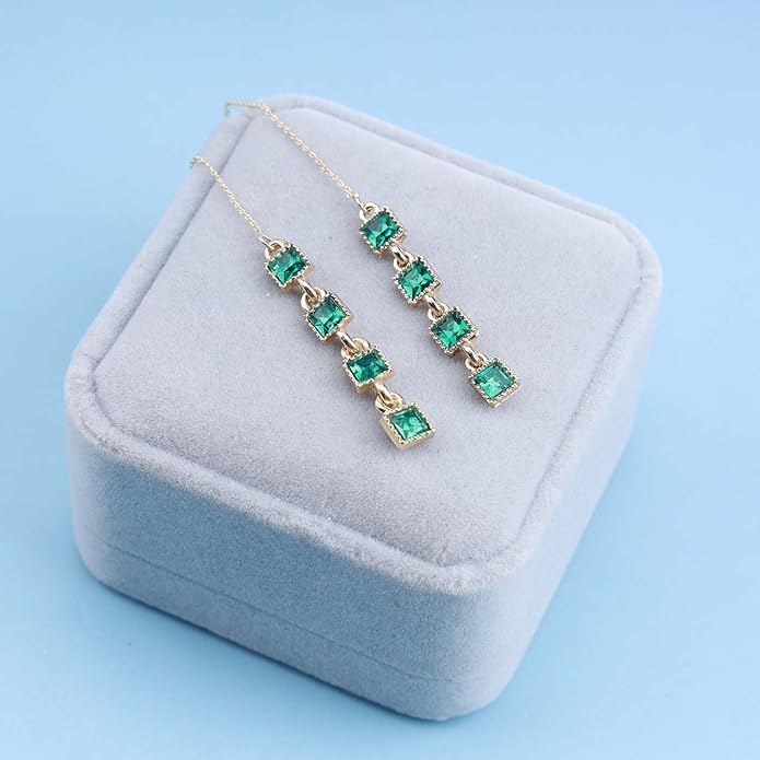 Vintage Emerald Crystal Threader Earrings Green Gem Drop Earrings Emerald Cz Square Earrings Gold Long Emerald Chain Earrings Jewelry for Women-VivaGrace Women