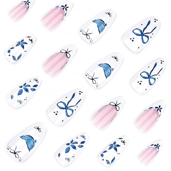 24Pcs Blue Flower Press on Nails Medium Almond French Tip Fake Nails with Bow Design White Glossy False Nails Full Cover Artificial Glue on Nails Spring Summer Stick on Nails for Women DIY Manicure