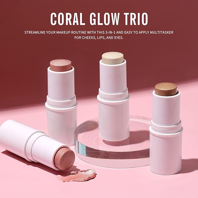 KIMUSE Multi Stick Trio Face Makeup, Cream Blush Stick for Cheeks & Lips, Contour Stick & Highlighter Makeup Sticks for All Skin-VivaGrace Women