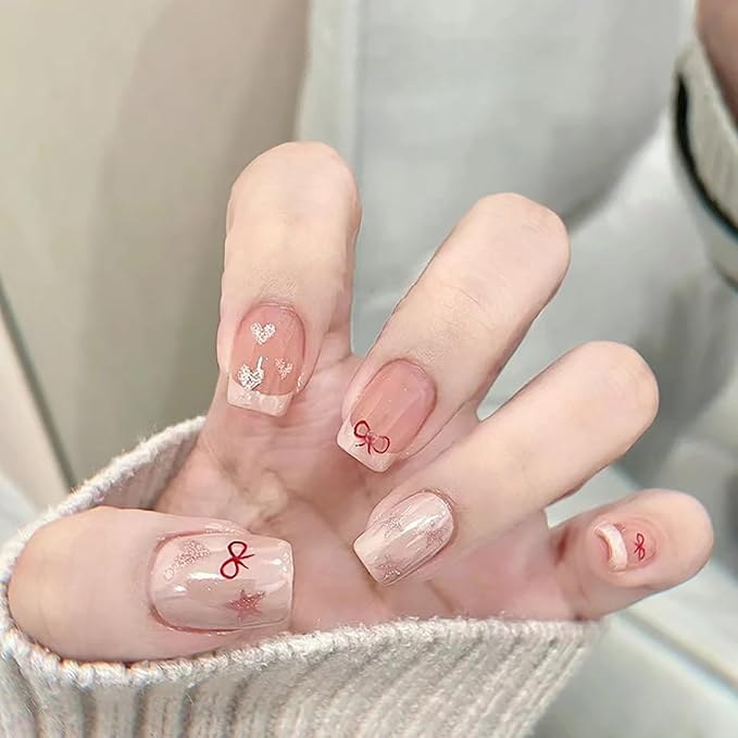 24pcs Pink Press-on Nails: Short Square Glitter Heart Stars Design, French Tip, Reusable Acrylic Nails for Women