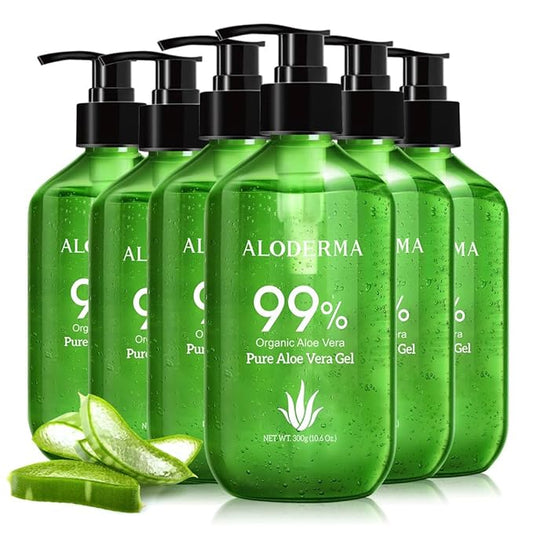 Aloderma 99% Organic Aloe Vera Gel Made within 12 Hours of Harvest - Pump Bottle - Lightweight Aloe Gel for Face and Body, Soothing and Hydrating Sunburn Relief, Great for Scalp & Hair - 6 x 10.6oz-VivaGrace Women