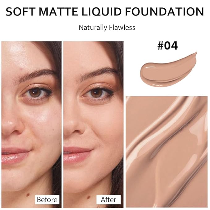 2 Pack Liquid Foundation Cream with Foundation Brush for Face Makeup,Durable Full Coverage Matte Concealer Make Up,Oil Control & Waterproof Base Primer -1 Fl.Oz (#04)-VivaGrace Women
