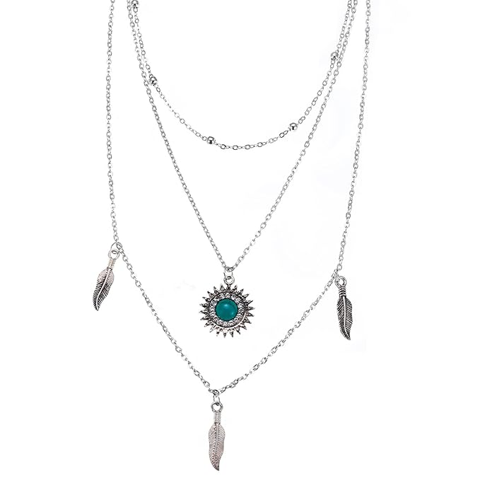 Boho Layered Feather Choker Necklace Turquoise Pendant Necklace Chain Vintage Crystal Paved Sun Necklace Silver Sunflower Necklace Jewelry for Women and Girls-VivaGrace Women