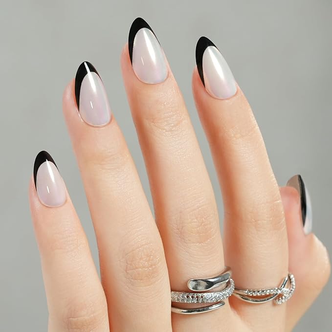Black French Tip Press on Nails, Jofay Fashion Almond Soft Gel Fake Nails, Classic French Nails, Reusable & Natural Acrylic False Nails, Stick on Nails for Women Girls Gift, Glue on Nails Kit 32Pcs