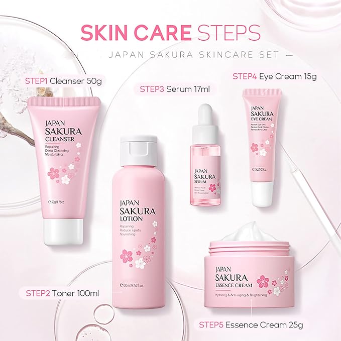 Skin Care Set - Women Gift Sets - Sakura Skin Care Sets & Kits - Gift Set with Cleanser,Toner,Serum,Eye Cream,essence Serum - Beauty Products For Women (SetC)-VivaGrace Women
