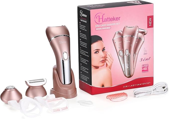 Hatteker Electric Shaver for Women Lady Epilator Electric Razors Kit Hair Remover for Face Chin Arm Leg Armpit Bikini Trimmer Painless Waterproof USB Rechargeable Dry Wet with Detachable Head 3 in 1-VivaGrace Women