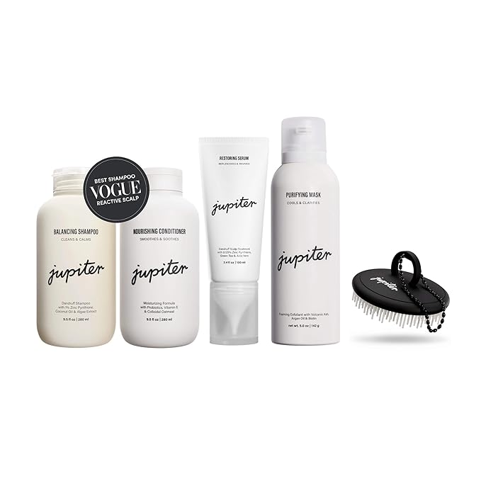 Jupiter Oil Control & Exfoliation Set, Anti-Dandruff Shampoo, Conditioner, Restoring Serum, Scalp Brush, & Purifying Mask, for Women & Men, Dermatologist-Formulated for Flaky, Itchy, Oily, & Dry Scalp-VivaGrace Women
