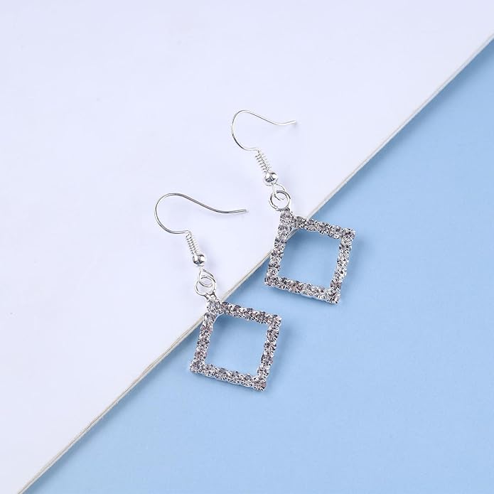 Vintage Crystal Square Drop Earrings Rhinestone Square Dangle Earrings Hollow Square Hook Earrings Silver Sparkly Cz Square Earrings Jewelry for Women-VivaGrace Women