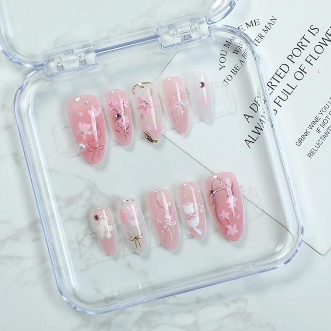 30Pcs Pink Flower Press on Nails Medium Almond Fake Nails Gilding Peach Blossom with Gems Design 3D Pearl Bow False Nails Cute Cat Stick on Nails Handmade Full Cover Artificial Glue on Nails for Women