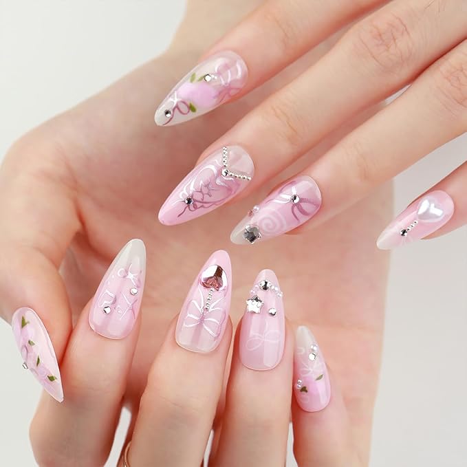 24Pcs Pink Bow Press on Nails Medium Almond Fake Nails Romantic Rose with Sparkly Pearl Design Heart False Nails Spring Summer Stick on Nails Handmade Full Cover Artificial Glue on Nails for Women DIY