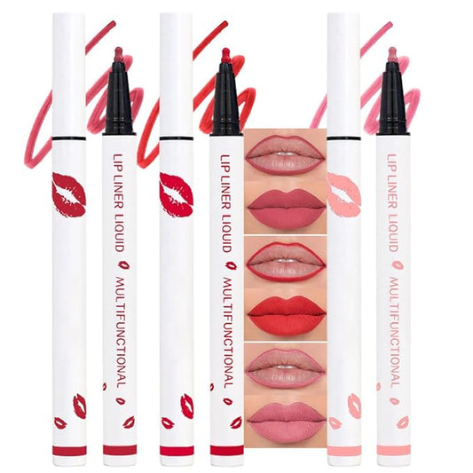 3Pcs Longwear Liquid Lip Liner Stain Pen Set Long Lasting Waterproof, Pink Ruby Red Warm Pink Matte Semi Permanent 24 Hour Lip Liner and Lipstick Combo, Color Stay Lipliner All Day Lip Stains peel off-VivaGrace Women
