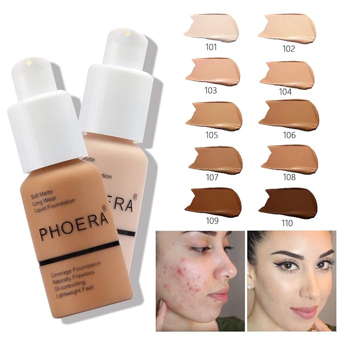 PHOERA Foundation Makeup Naturally Liquid Foundation Full Coverage Mattle Oil-Control Concealer 8 Colors Optional,Great Choice For Gift(#107 Honey,30ml)-VivaGrace Women