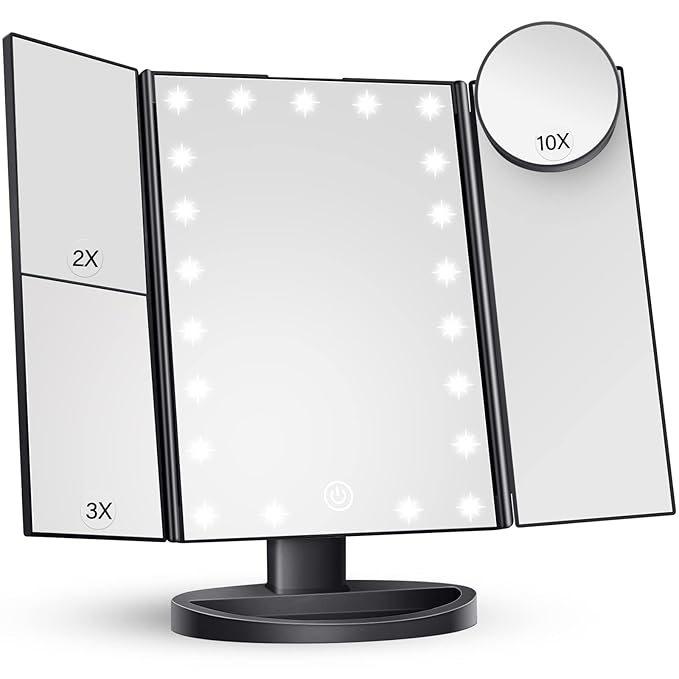 HUONUL Makeup Mirror Vanity with Lights, 2X 3X 10X Magnification, Lighted Mirror, Touch Control, Trifold Dual Power Supply, Portable LED Women Gift (Black)-VivaGrace Women