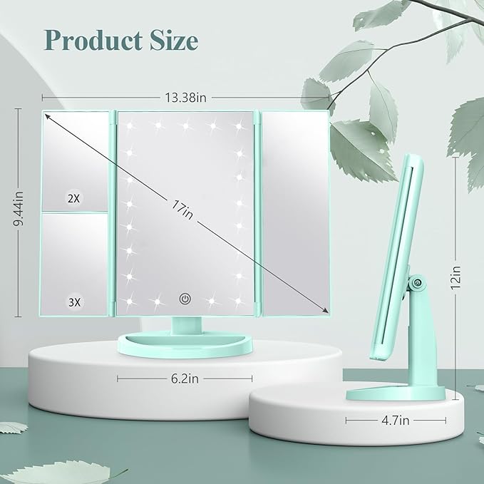 HUONUL Makeup Mirror Vanity with Lights, 2X 3X 10X Magnification, Lighted Mirror, Touch Control, Trifold Dual Power Supply, Portable LED Women Gift (Green)-VivaGrace Women