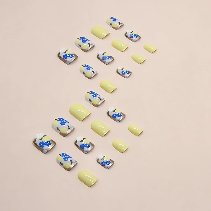 Short Square Press on Nails Blue Yellow Fake Nails Flower Lemon Designs Cute Summer Glue on Nails Glossy Full Cover Acrylic False Nails Spring Stick on Nails for Women Nail Art Decorations