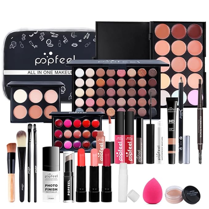 All In One Makeup Kit for Women Full Gift Surprise Makeup Set Includes Makeup Brush Set Eyeshadow Palette, Lip Gloss Set, Liquid Lipstick, Makeup Sponge, Foundation, Concealer, Eyebrow Pencil, Blush-VivaGrace Women