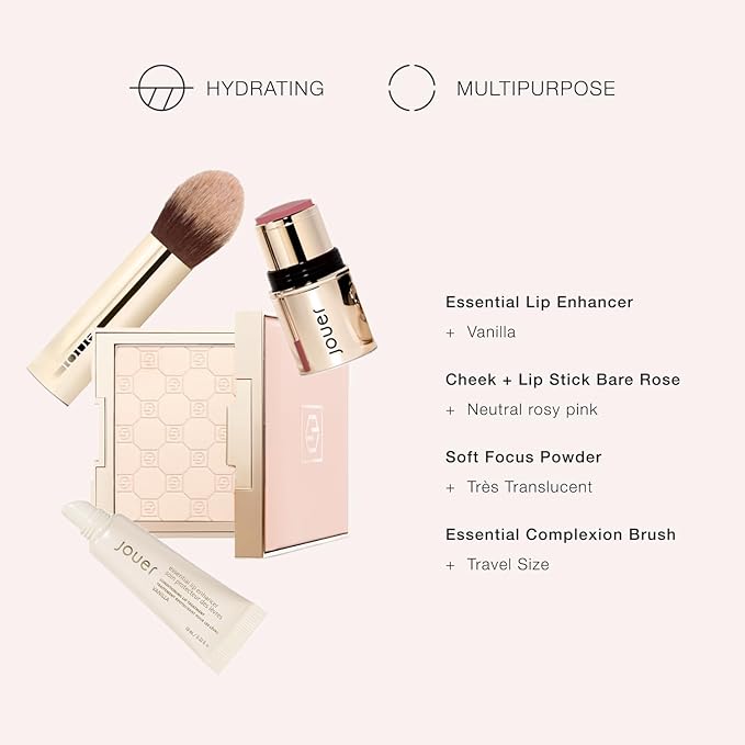 Jouer Les Must-Haves Gift Set - Translucent Setting Powder, Makeup Brush, Cream Blush & Lipstick Stick, and Lip Plumper Makeup Set - Valued at $99-VivaGrace Women