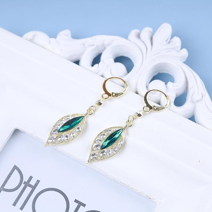 Vintage Emerald Leaf Earrings Rhinestone Leaf Drop Earrings Green Emerald Dangle Earrings Gold Crystal Leaf Hoop Earrings Jewelry for Women-VivaGrace Women