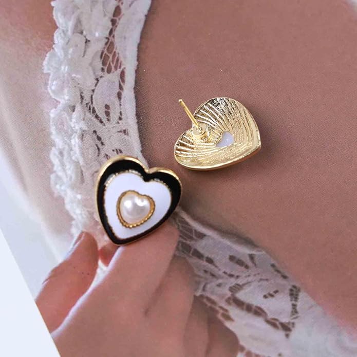 Vintage Pearl Heart Stud Earrings Enamel Heart Earrings Heart Love Earrings White Minimal Earrings Jewelry for Women-VivaGrace Women