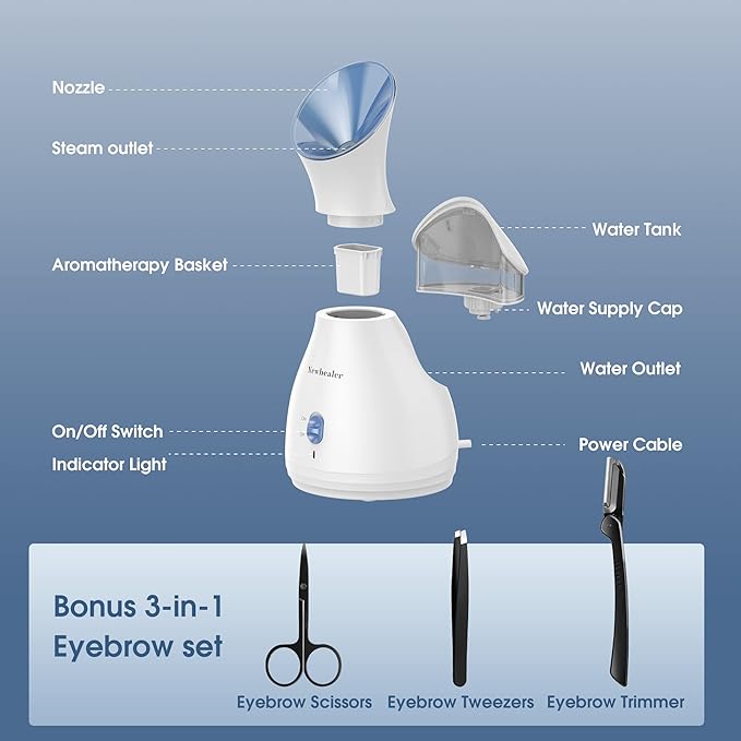 Newbealer 2in1 Facial Steamer, Hot Mist Facial Aromatherapy Humidifier Atomizer, Large Face Steamer Unclogs Pores Sinuses Moisturizing, Home Sauna Spa with Eyebrow Set (Blue, 170ml)-VivaGrace Women