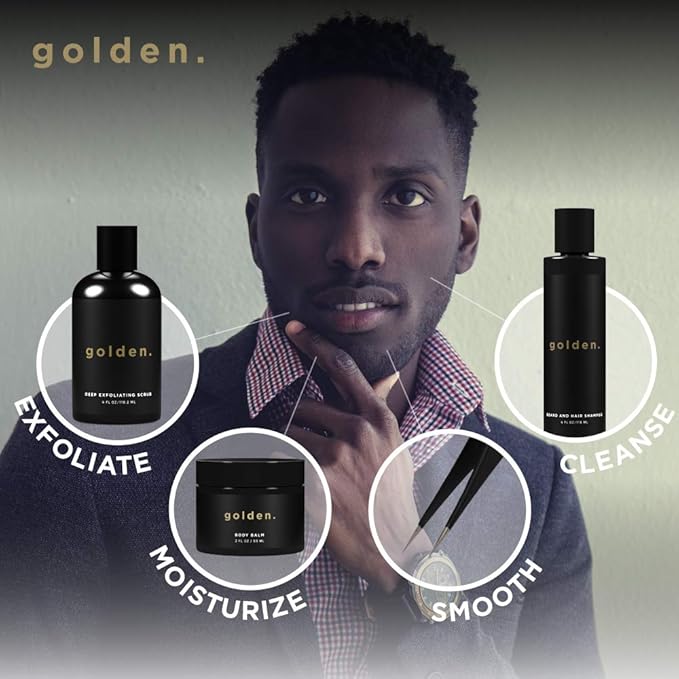 Golden Grooming Co. Bath and Body Skin Care Kit Gift Set for Men - with Deep Exfoliating Scrub, Face Wash, Moisturizer, Body Wash, 2 in 1 Beard and Hair Shampoo, Body Balm,Solid Cologne and Tweezers-VivaGrace Women