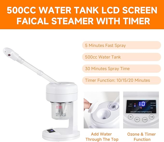 Ozone Facial Steamer, Portable Nano Ionic Face Steamer with LCD Screen, Extendable 360° Rotating Arm, Rotatable Nozzle, Hot Mist Function for Personal Care at Home or Salon-VivaGrace Women