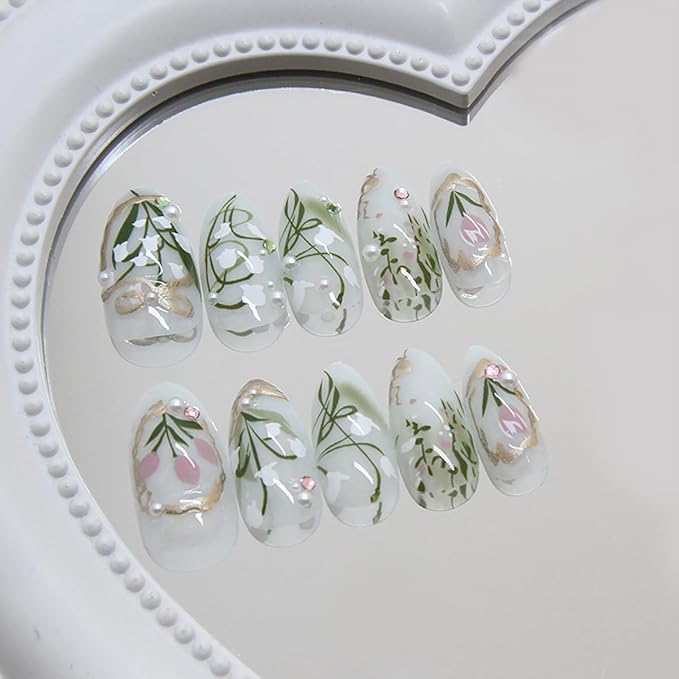 24Pcs Flower Press on Nails Medium Almond Fake Nails Green Leaf with White Flower Design Gilding Full Cover Artificial Glue on Nails Handmade False Nails Spring Summer Stick on Nails for Women DIY