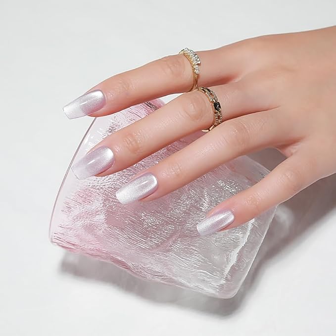 Summer Press On Nails, Cat Eye Medium Coffin Press On Nails, Crystal Glow Design Light Purple Magnetic Nails, Ice Glossy Gel Fake Nails, Reusable Acrylic Stick On Nails for Women, Sugar Frost