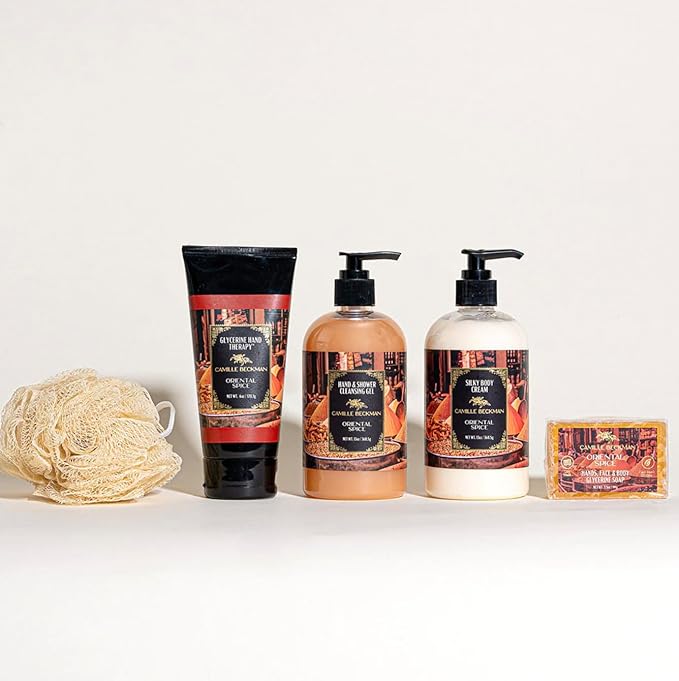 Camille Beckman Oriental Spice Essentials Gift Basket, Glycerine Hand Therapy 6 oz, Silky Body Cream 13 oz, Hand and Shower Cleansing Gel 13 oz, Glycerine Soap 3.5 oz, Bath Body Net, and Gift Basket-VivaGrace Women