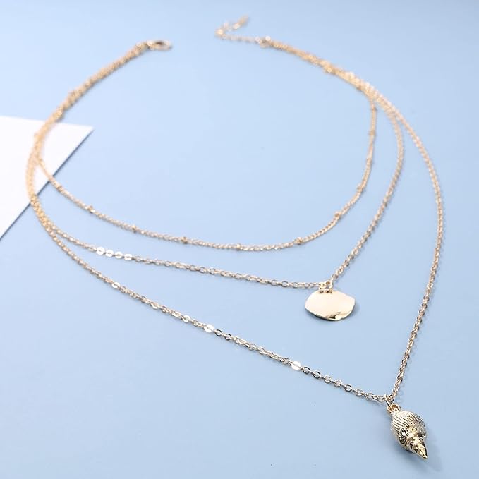 Bohemia Layered Seashell Necklace Choker Gold Coin Disc Pendant Necklace Chain Conch Shell Necklace Handmade Beachy Necklace Jewelry for Women and Girls-VivaGrace Women