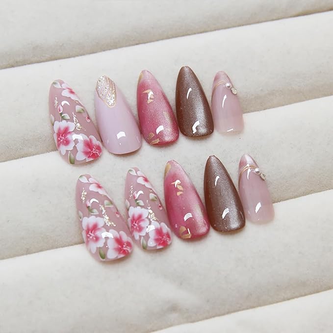 24Pcs Cherry Blossom Press on Nails Medium Almond French Tip Fake Nails with Gilding Pearl Design Pink Flower False Nails Full Cover Artificial Glue on Nails Cute Stick on Nails for Women Spring Nail