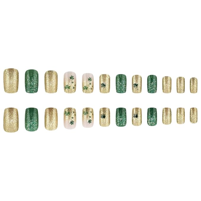 St. Patrick's Press on Nails Medium Square Fake Nails Gold Green Glitter False Nails Full Cover Clover Stick on Nails Green Glue on Nails Artificial Acrylic Nails for Women 24Pcs
