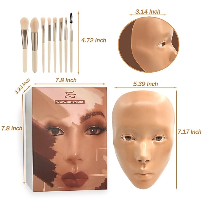 3D Makeup Practice Face,Reusable Makeup Mannequin Face with Makeup Brushes Set,Silicone Full Face Practice Eyelash Eye Shadow,for Emerging Makeup Artist,for Girl's Gift-VivaGrace Women