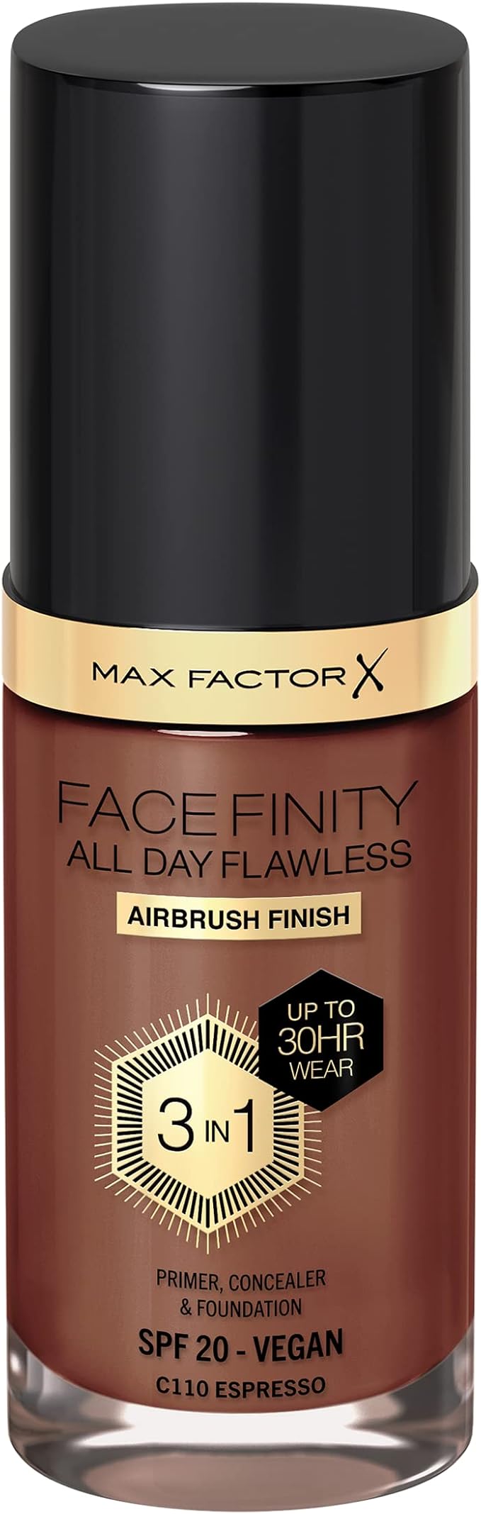 Max Factor Facefinity 3-in-1 All Day Flawless Liquid Foundation, SPF 20-110 Espresso, 30 ml-VivaGrace Women