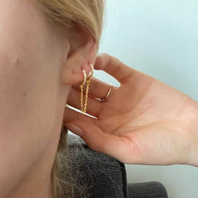 Boho Double Chain Hoop Earrings Gold Cz Hoop Chain Earrings Punk Dangle Chain Earrings Rhinestone Huggies Studs Earrings Jewelry for Women and Girls Gifts-VivaGrace Women