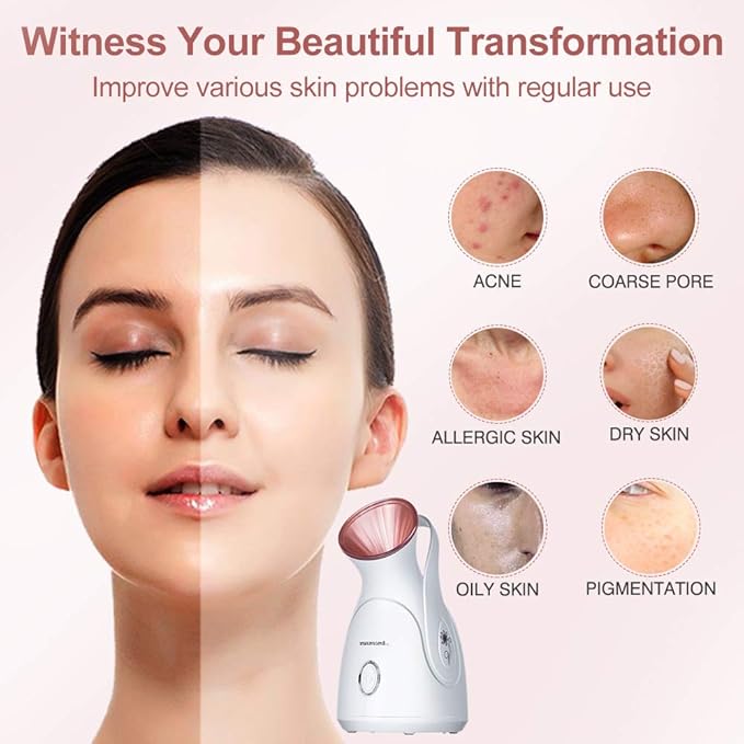 Facial Steamer, Amconsure Nano Ionic Face Steamer for Home, 100ML Warm Mist Humidifier for Women Moisturizing, Unclogs Pores-Bonus Stainless Steel Skin Kit and 2 Face Scrubbers-VivaGrace Women
