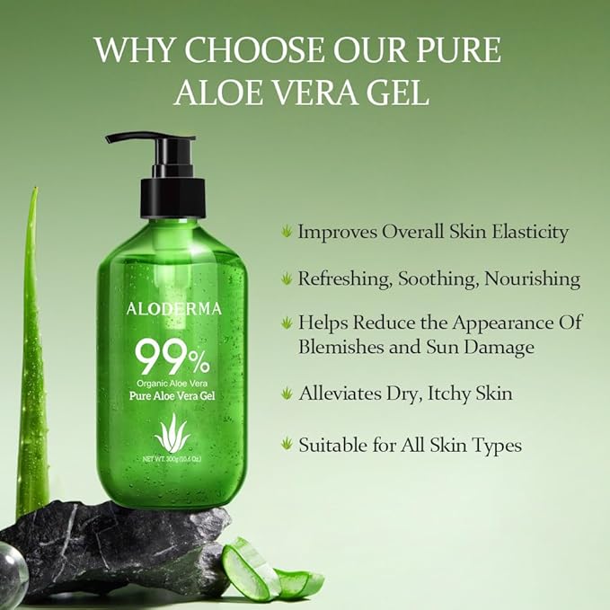 Aloderma 99% Organic Aloe Vera Gel Made within 12 Hours of Harvest - Pump Bottle - Lightweight Aloe Gel for Face and Body, Soothing and Hydrating Sunburn Relief, Great for Scalp & Hair - 6 x 10.6oz-VivaGrace Women