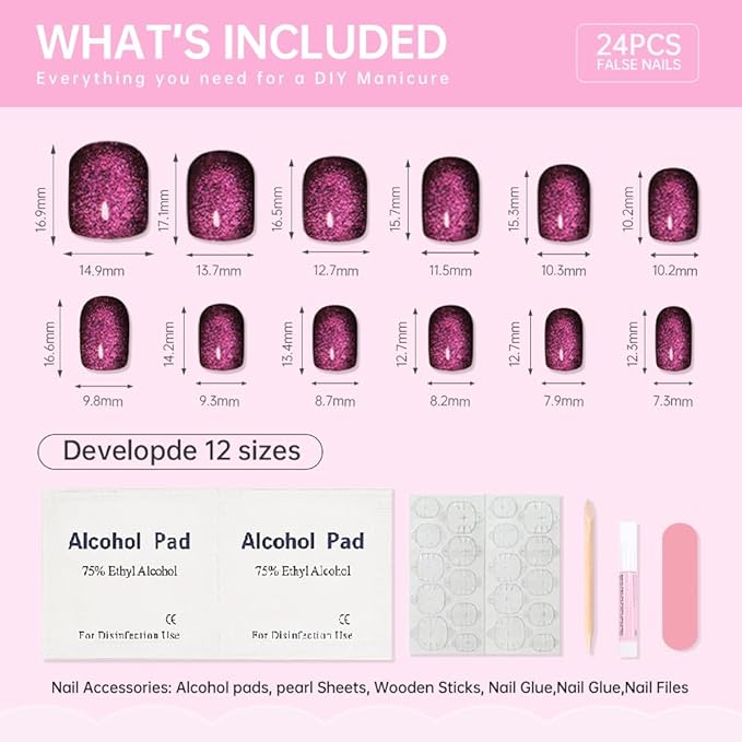Dark Purple Press on Nails Short Square, Cat Eye Press on Nails, Fashion Gel Fake Nails, Reusable Acrylic Fake Nails, Glossy Stick on Nails for Women Girls Gift, Glue on Nails Kit, 24Pcs