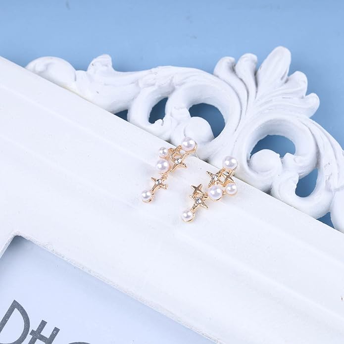 Vintage Pearl Star Earrings Rhinestone Pearl Drop Earrings Gold Crystal North Star Earrings Cz Northstar Studs Earrings Jewelry for Women-VivaGrace Women