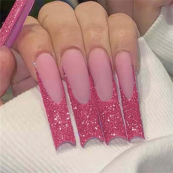 XL Press on Nails,Long Press on Nails with Design Square Press on False Nails French Tip Glue on Nails for Women 24pcs (Pink)
