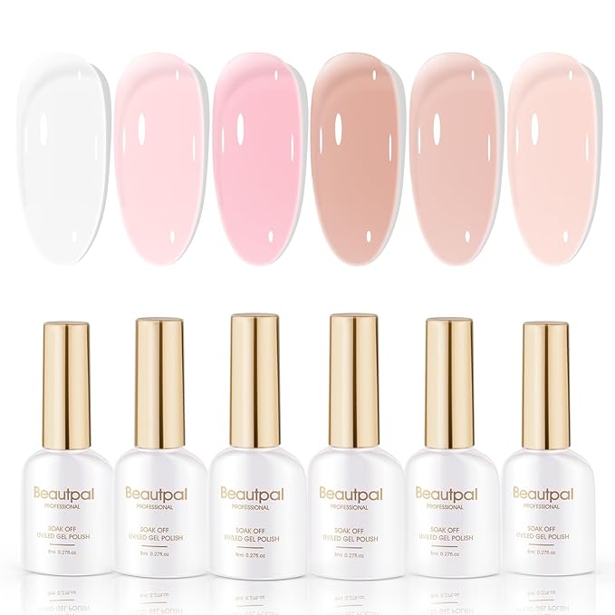 Beautpal Jelly Gel Nail Polish Set Sheer Nude Jelly Pink Gel Polish Transparent Gel Polish Set for Salon Gel Manicure and Nail Art DIY at Home 8ML 6PCS